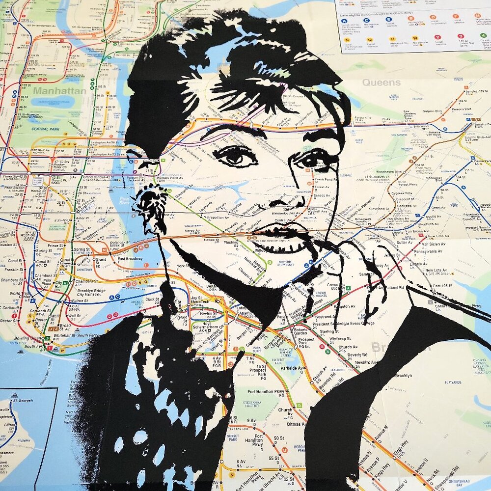 💋Audrey Hepburn Handpainted Unique Acrylic paint Art on NYC Subway Map - Picture 5 of 5